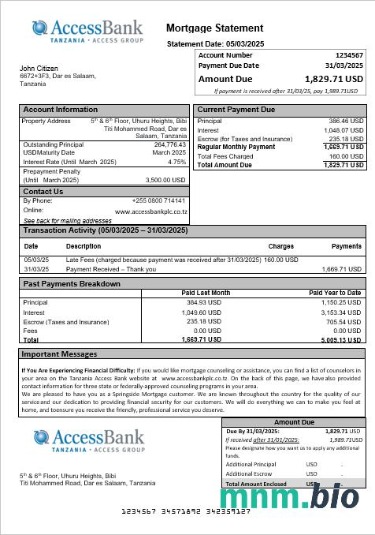 Tanzania Access Bank wyciąg z kredytu hipotecznego w formatach Word i PDF